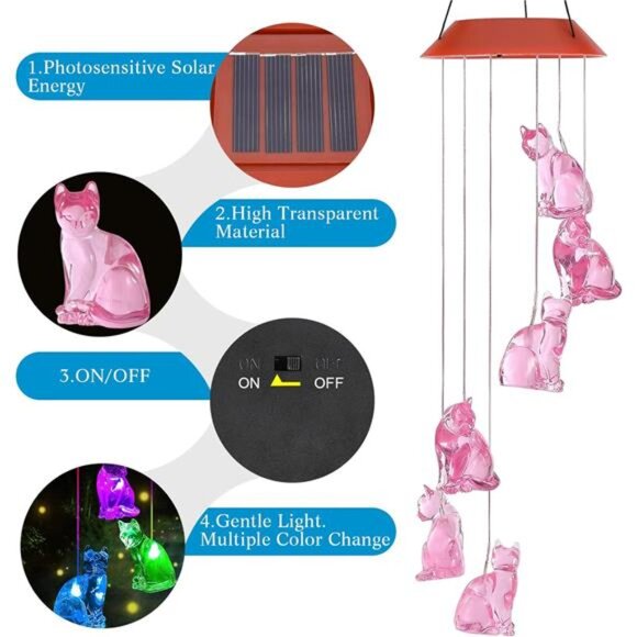 Cat Solar Wind Chimes Light,Solar Cat Wind Chimes Outside,Cat Solar Light Gifts - Picture 4 of 7